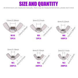 110Pcs 304 Stainless Steel Serrated Metric Wing Nuts Butterfly Nuts Hex Dome Cap Assortment Kit, 6 Sizes - M3 M4 M5 M6 M8 M10