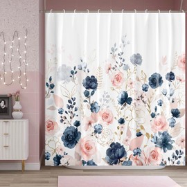BIVINAR Navy Blue and Pink Floral Shower Curtain, Watercolor Flowers Bathroom Shower Curtain, Waterproof Fabric Shower Curtain with 12 Hooks, 72 x 72 Inch