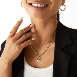 KissYan Gold Initial Necklace for Women, 14K Gold Plated Round Letter Pendant Hollow Capital Monogram 5mm Cuban Chain Necklace Alhpabets from A-Z Dainty Jewelry for Men(Letter L)