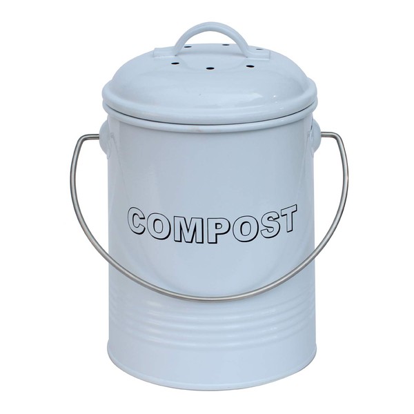 3L 3 Litre Vintage Style Galvanised Compost Food Waste Recycling Bin Caddy - White - with Odour Absorbing Filter - 19cm (H) x 13.5cm (Dia)