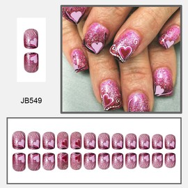 Valentines Press on Nails Short Square Pink Fake Nails with Hearts Design Glitter Red Love Shape False Nails Cute Valentines Nails Short Acrylic Glue on Nails Winter Stick on Nails for Women 24Pcs