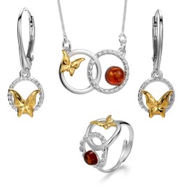 Copal Women's Jewellery Set Amber 3-Piece Real Silver 925 Butterfly Adjustable Length Eco Packaging Gift Ideas for Women, Amber, Amber, amber pendant