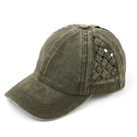 C.C Exclusives Washed Cotton Denim Basket Weave Criss-Cross Ponytail Baseball Cap Bundle Hair Tie (BT-922) Dark Olive