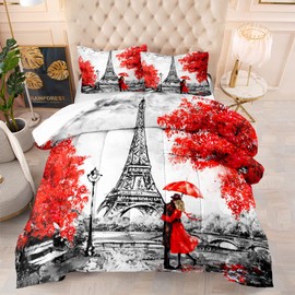 DYcolor Romantic Paris Eiffel Tower Printed Quilt, Red Maple Leaf with Lover Coupler Comforter Set with 1 Comforter and 2 Pillow Cases for Kids Girls Women (Twin, Red)