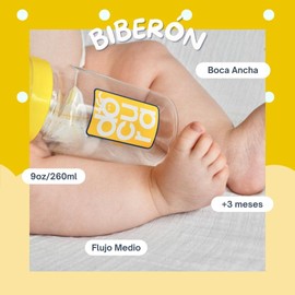 DOCURA - Set Mamilas Boca Ancha De 9 oz/260ml, 3 Piezas, Para + 3 Meses, Biberones Con Flujo Medio De Silicón Líquido, Anticólicos, Libre de BPA, Amarillo