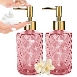 2 Pcs Glass Soap Dispenser,330 ML/11Oz Glass Soap Bottles with Plastic Pump,Refillable Hand Soap Dispenser Bottle for Kitchen, Bathroom, Laundry Room (Pink)
