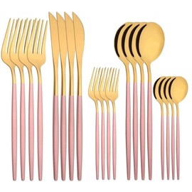 Juego de cubiertos de acero inoxidable - Juego de vajilla 20 piezas con tenedores Cucharas Cuchillo para carne Porción 4 (Oro rosado)