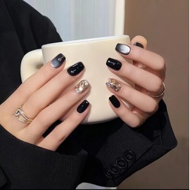 Nail Tip, False Nail, Nail Press, Stylish, Black, Short, Easy Off Nail Mine Type, Korea, Mass Production, Cosplay Nail Art, Cute, Women's, Glitter, 24 Pieces, Stylish, Popular, Present, Self Nail, 48