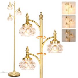 JUNNAI Gold Floor Lamp, Dimmable Tree Floor Lamps for Living Room Brass Tall Standing Lamp with 3 Rotatable Lights Glass Shade 66.5'' Modern Corner Lamp for Bedroom Office(3LED Bulbs Included)