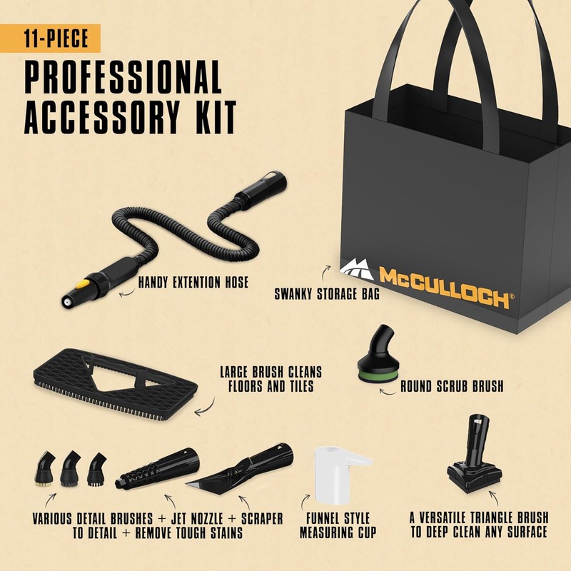 McCulloch MC1230 Handheld Steam Cleaner, 10 Minute Runtime, 11 Accessories: