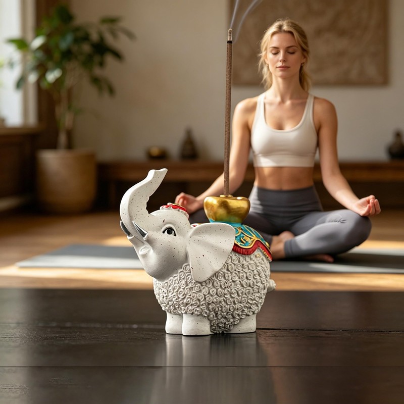 Cute Resin Elephant Incense Holder with Ceramic Tray for Meditation