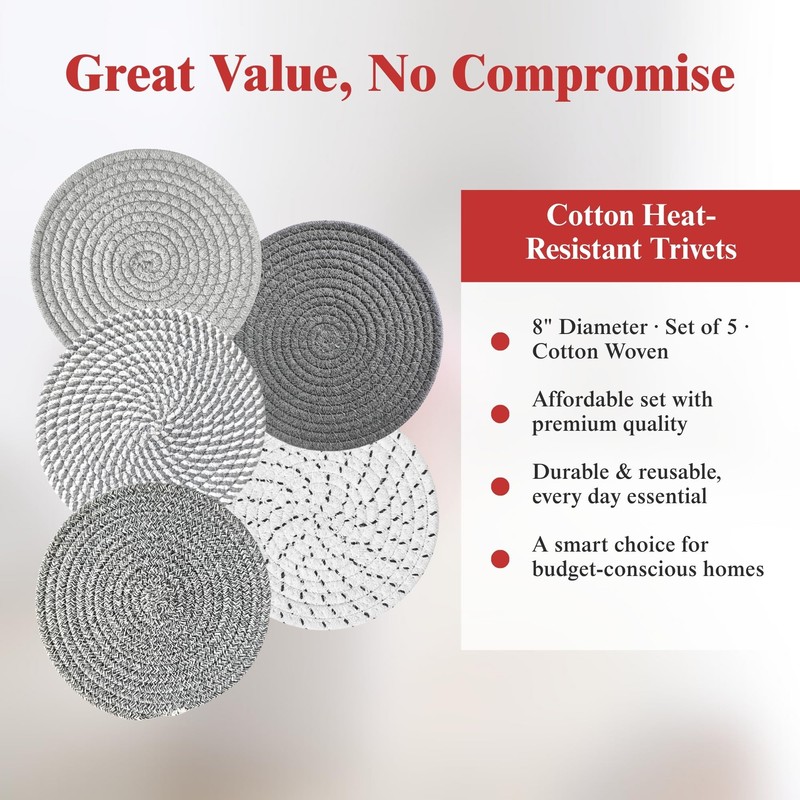 CATIFLIN 8 Inch Heat Resistant Trivets for Hot Dishes, 5-Pack