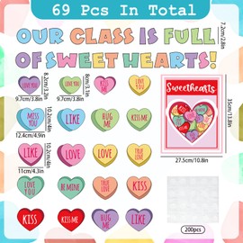 Whaline 69Pcs Valentine's Day Bulletin Board Decor Conversation Heart Paper Cutouts with 200Pcs Glue Points for Party Home Classroom Wall Decor