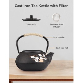 ALSKHEAS Japanese Cast Iron Teapot, Cast Iron Tea Kettle with Infuser, Plum Blossom Cast Iron Tea Pot for Stovetop Safe Coated with Enameled Interior 20.29oz/600ml