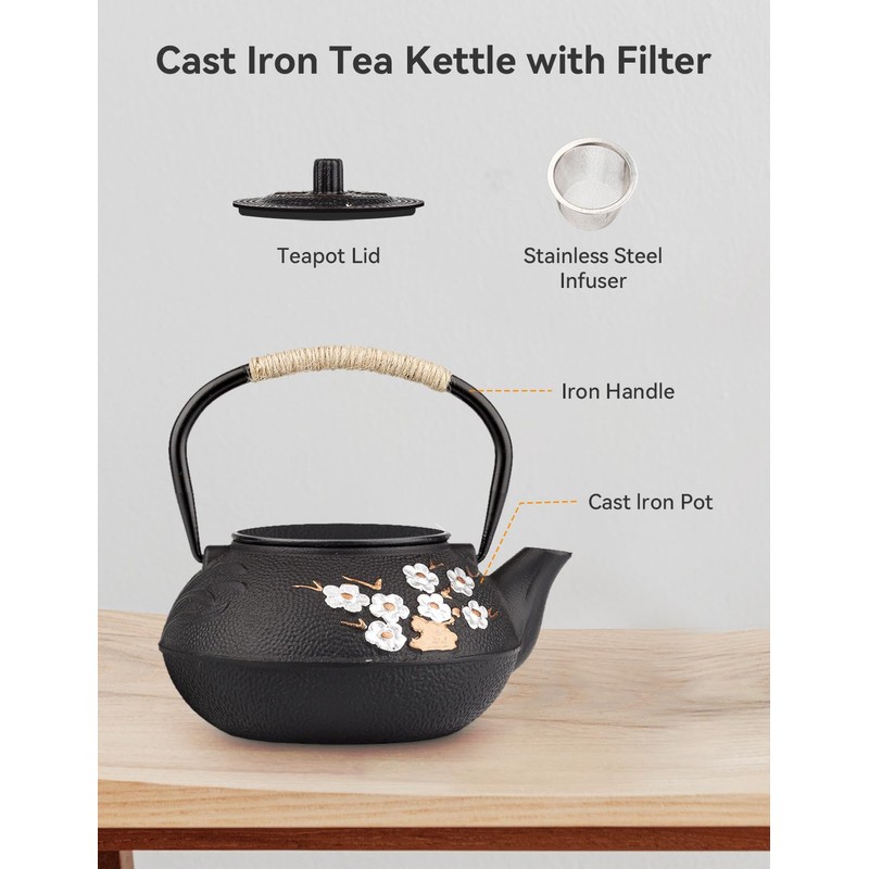 ALSKHEAS Japanese Cast Iron Teapot, Cast Iron Tea Kettle with