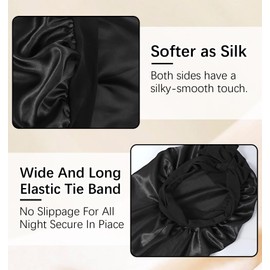 Reusable Long Bonnet with Tie for Curly, Straight, Long Hair, Braids, Women, (Black)