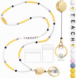 Toykee Lanyards with ID Badges Holder for Teachers Keys Card - Yellow and White Women Breakaway Retractable Beaded Necklace Break Away Lanyard with Holder for Name Tag Cruise Ship