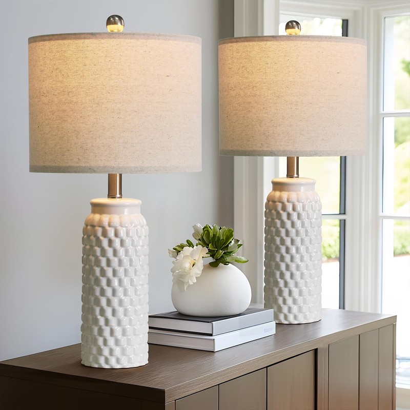 USumkky 24" Modern Ceramic White Bedside Lamp Set of 2