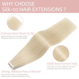 Silk-co Tape in Hair Extensions Human Hair 100% Real Remy Human Hair 22" 20 Pcs, 50g/Set #60 Platinum Blonde Skin Weft Seamless Straight