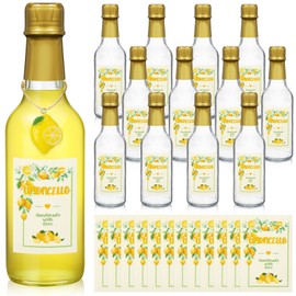 Reallnaive 12 Sets 8 oz Limoncello Glass Bottles Empty Clear Liquor Bottles with Lemon Labels, Lids, Shrink Capsules, Charms for Homemade Limoncello Brewing Beverages Gifts(Gold)