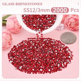 2000PCS SS12/3mm Crystal Rhinestones (Red/Siam), Bedazzling Flatback Glass Rhinestones for Crafting DIY Nail Art Makeup Decoration, Gems Diomand Charms for Tumbler Shoes Clothing Mug
