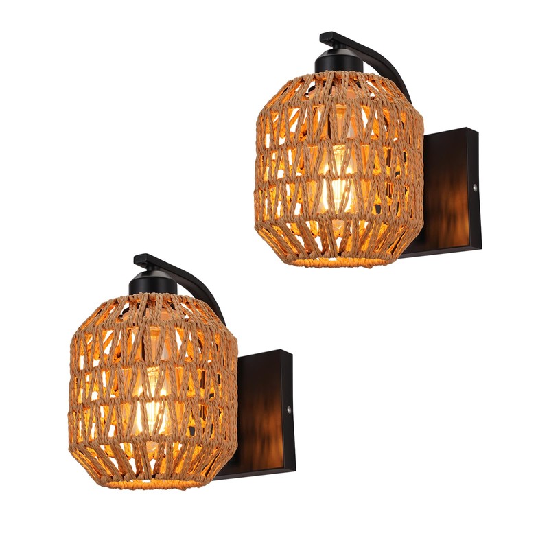 lobolighting Boho Rattan Wall Sconces Set of Two Hardwired Hand-Woven