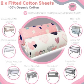 Selemavi Next to Me Crib Sheets – 2pcs Crib Baby Sheet Set 100 Percent Organic Cotton Fitted Crib Sheets for Bedside Cribs – Made in Europe (83x50cm, Pink Hearts&Stars)