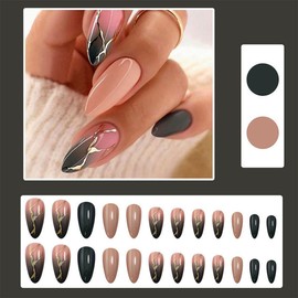 24 Pcs Ombre Brown Press on Nails Short Almond - SHANRUN Fall Fake Nails Press ons Nail Art French Tip Glue on Nails with Gold Foil Crack Design Full Cover Artificial Acrylic False Nail Stick on Nails