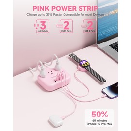 Pink Extension Cord, Pink Desk Accessories with 3 American Outlets &4 USB(2 USB-C) Ports, 5FT Flat Extension Cord 1625W, Travel Power Strip for Cute Kawaii Desk Office Bedroom Accessories