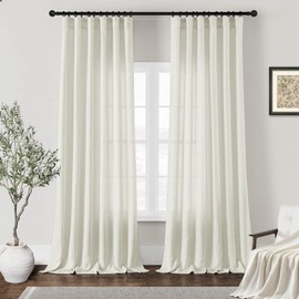 DUKIYO Cream Linen Curtains 120 Inches Long for Living Room 2 Panels Farmhouse Boho Light Filtering Semi Sheer Extra Long Drapes Bedroom Rod Pocket Hook Belt Ivory Curtains 120 Inch Length