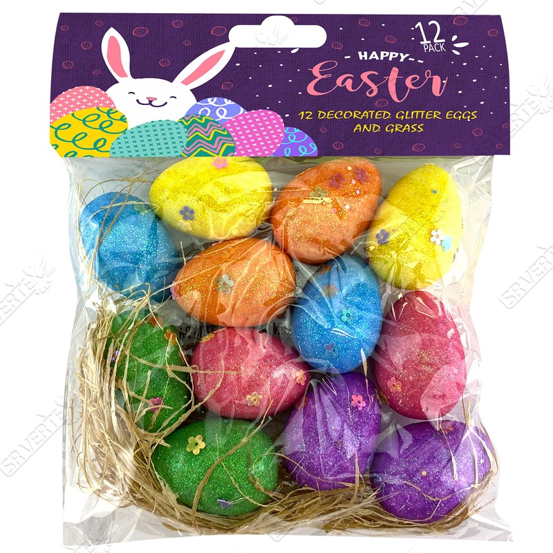 Easter Decorations 12 Colour Glitter Eggs & Straw Bonnet Parade