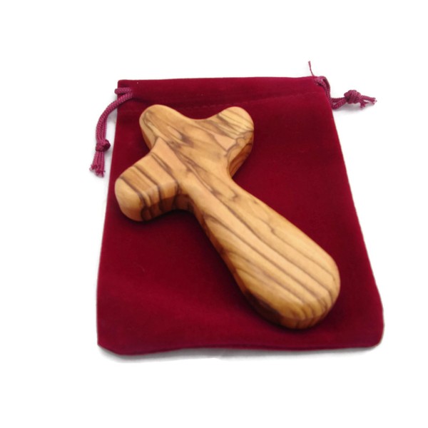 HolyRoses Olive Wood Holding/Comfort Hand Cross for a Child with Velveteen Bag - Christian Cross Made in Bethlehem Fits Comfortably in Child's Hand - With Explanation Card and Psalm 23 (1)