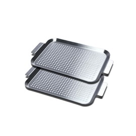 COOK TIME Grill Pan Set of 2, BBQ Grill Topper for Outdoor Grill, Stainless Steel Grilling Baskets with Holes and Handles, Perforated Food Tray Barbecue Accessories for Vegetable, Fish, Small x 2