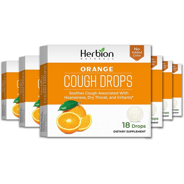 Herbion Naturals Cough Drops with Natural Orange Flavor, Dietary Supplement, Soothes Cough, for Adults and Children Over 6 Years, 18 Drops, Pack of 6