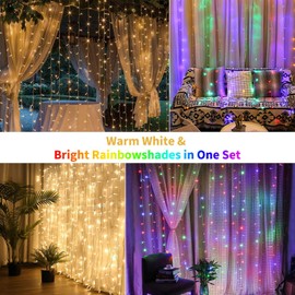Brightown Curtain Lights 9.8X9.8 Feet 300 LED 11 Lighting Modes with Remote Control 2 Colors Hanging String Fairy Lights for Wall Bedroom Window Party Backdrop Lighting (Without Curtain)