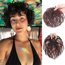YuanHolumid Brown Wig Pieces for Top of Head, Curly Hair Topper Replacement Fluffy Hairpiece Seamless Clip in Top Wiglet for Women Thin Hair Hairpieces,Women Thin Hair,Wigs and Accessories Hair Care