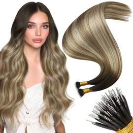 Moresoo Nano Hair Extensions Human Hair Dark Brown to Light Brown with Medium Ash Blonde Remy Human Hair Extensions Nano Bead Straight 50G/50S 16inch