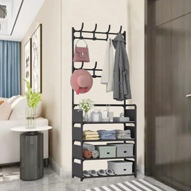 YDTREILS Hall Tree with Coat and Shoe Rack, Entryway Coat Rack with Bench Hooks and 4-Tier Shoe Rack,Black