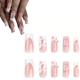 24 Pieces Press On Nails, French Tip Press On Nails, Pink 3D Bow Press On Nails, Rhinestone Full Cover False Nails