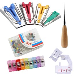 GIONAR Bias Tape Maker Set with 4 Sizes - Includes Fabric Clips, Presser Foot, Bead Head Pins and Awl - Perfect for Sewing, Quilting and Jersey - 6/12/18/25 mm Tape Maker