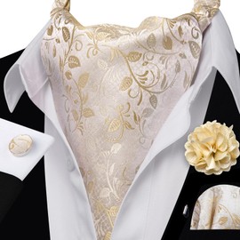 YOHOWA Men Ascot Tie Cravat Floral Champagne Gold Scarf Self Ties Pocket Square Cufflinks Set Dress Wedding Prom Party