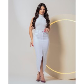 Anagrom Women's High Waisted Denim Skirt Front Slit Casual Long Maxi Length Jean Regular and Plus Size - Paris Collection (US, Numeric, 14, Plus, Long, White Ref.243)