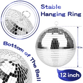 Mirror Ball for Disco DJ Club Party Wedding Home Decor, Muscab 12 Inch Disco Ball with Hanging Ring, Silver White