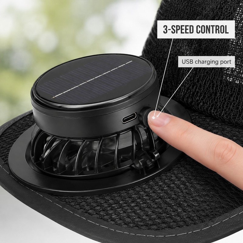 Solar & USB Rechargeable Fan Baseball Cap, 3-Speed Mesh Cooling
