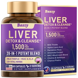 Baszy 28-in-1 Liver Cleanse Detox & Repair - 1500mg Liver Health Support with Milk Thistle, Dandelion Root, Artichoke Extract, and 20+ Herbal Liver Support Supplements - Made in USA - 60 Capsules