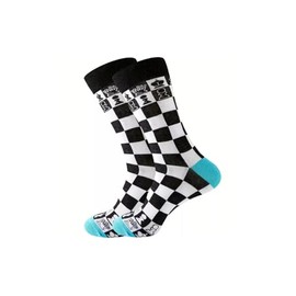 Chess Pattern Crew Socks, Black and White Checkerboard Design, Blue Heel and Toe, UK 6-11