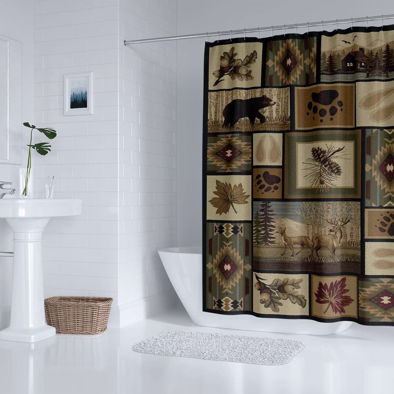 Retro Rustic Shower Curtain, Moose Deer Bear Leaf Tree Country