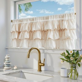 TOPICK Net Curtains Kitchen Beige Linen Bistro Curtain with Drawstring Ruffle Valance for Caravans Children's Room Country House Style Vintage Shabby Chic Curtains Short Semi-Transparent Set of 1 127