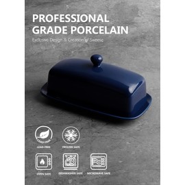 Sweese Butter Dish with Lid, 307.103 Porcelain Butter Keeper, 7.8 Inch Butter Holder with Handle Cover, Butter Container Perfect for East West Coast Butter, Navy