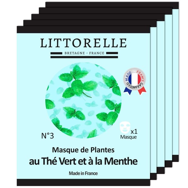 Littorelle 5 x Face Mask Green Tea and Mint – Detoxifies and Tightens the Skin, Makes the Complexion More Even – for Oily Skin with Impurities – 5 x Plant Masks